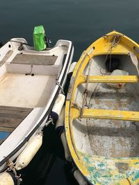 High angle view of fishing boats moored on lake