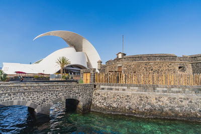 Low angle view of historic building against clear blue sky