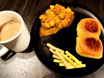 High angle view of meal served on table
