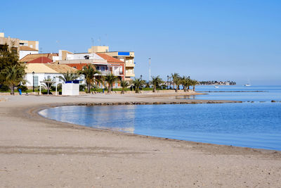 Scenic view of beach against clear blue sky