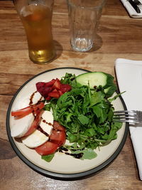 High angle view of food served on table