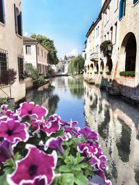 Scenic view of canal by buildings against sky