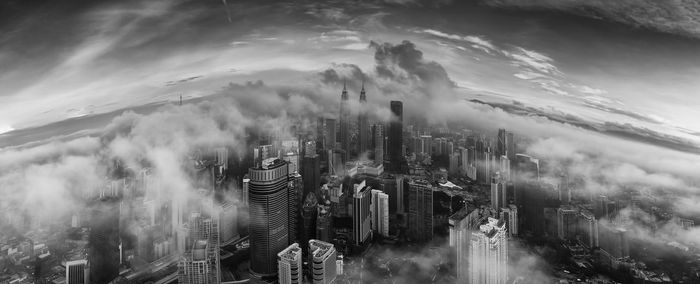 High angle view of buildings against sky