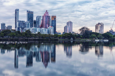 Reflection of buildings in lake against sky