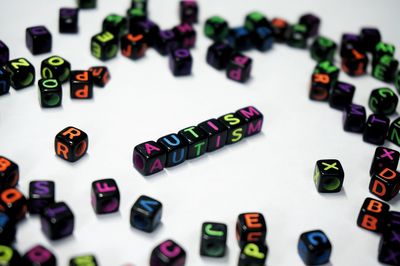 High angle view of various objects on table