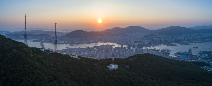 High angle view of buildings against sky during sunset