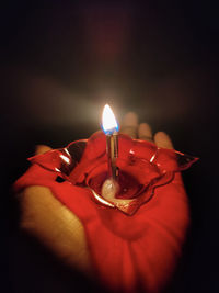 Close-up of lit candles in darkroom