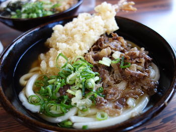 Close-up of soup in bowl on table