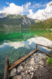 Scenic view of lake by mountains against sky