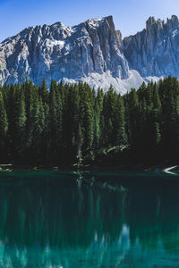 Scenic view of lake by mountains against sky