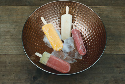 High angle view of dessert in plate on table