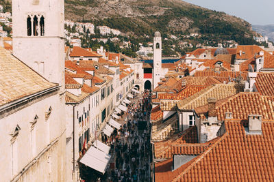 High angle view of buildings in town