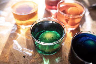 High angle view of beer in glass on table