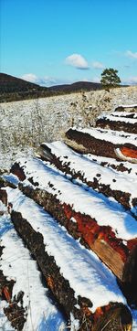 Scenic view of snow covered field against blue sky