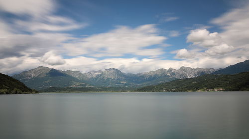 Scenic view of lake and mountains against sky