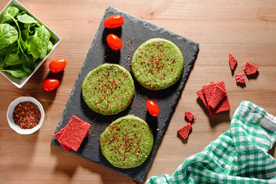 High angle view of chopped fruits on table