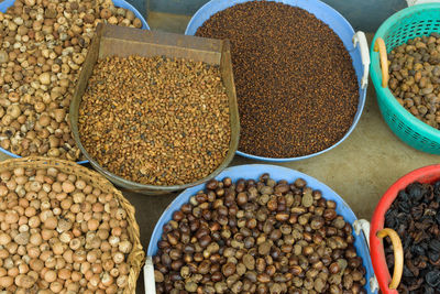 High angle view of spices for sale at market stall