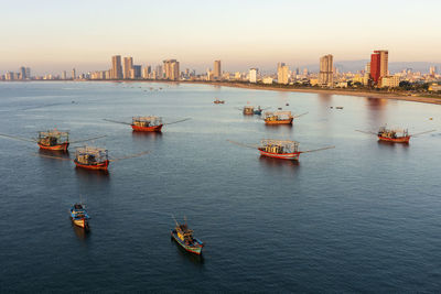 High angle view of boats in sea