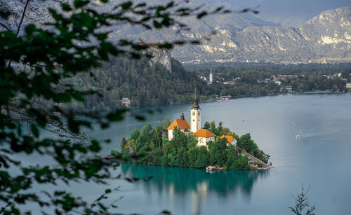 Buildings by lake