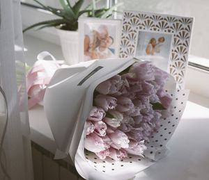 High angle view of flower bouquet on table