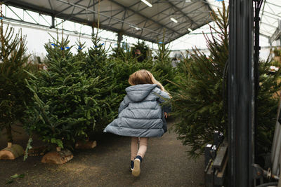 Rear view of young woman walking in greenhouse