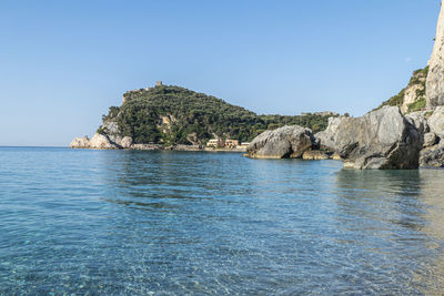 Scenic view of sea against clear sky