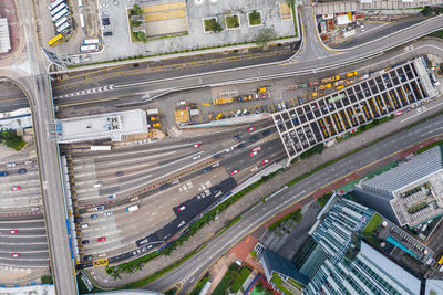 High angle view of vehicles on road in city