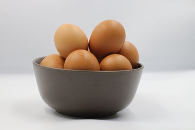 Close-up of eggs in bowl against white background