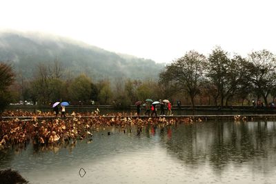 People on riverbank against sky