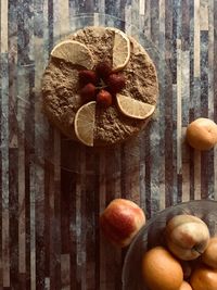 High angle view of apples on table