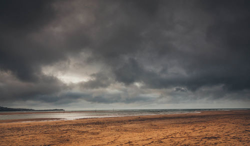 Scenic view of beach against cloudy sky