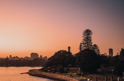 Silhouette trees and buildings against sky during sunset