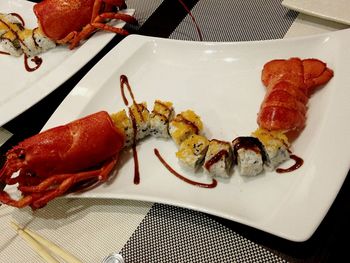 High angle view of food served in plate on table