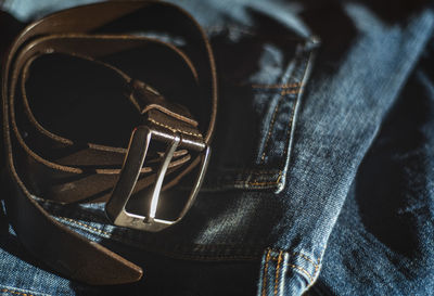 High angle view of leather on table