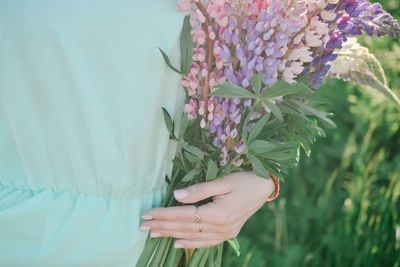 Close-up of hand holding purple flowering plant