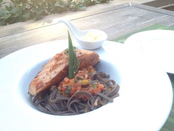 High angle view of food in plate on table