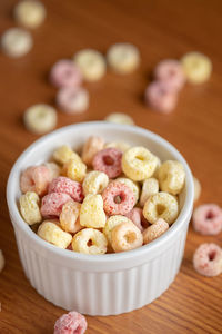 High angle view of dessert in bowl on table