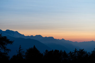 Scenic view of silhouette mountains against sky at sunset