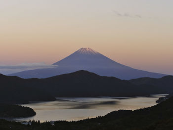 Scenic view of snowcapped mountains against sky during sunset