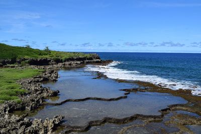 Scenic view of sea against blue sky