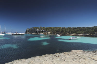 Sailboats in sea against clear blue sky