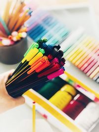 High angle view of multi colored pencils on table