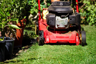 Lawn mower in yard