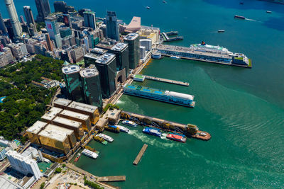 High angle view of ship moored in harbor