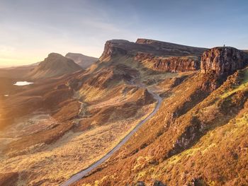 Landscape view of quiraing mountains on isle of skye in the highlands of scotland. sunny day