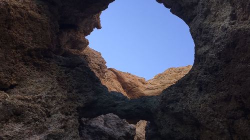 Low angle view of rock formation against sky