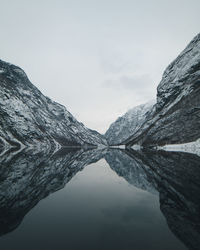 Scenic view of lake by mountain against sky