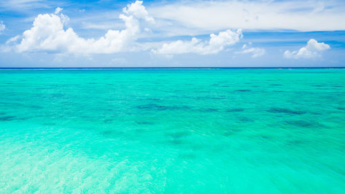 A landscape showing the emerald green sea and the summer sky across the horizon.