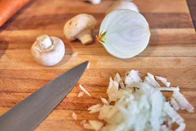 High angle view of chopped bread on cutting board