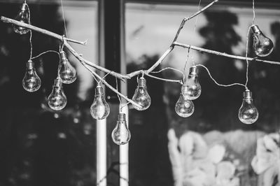 Close-up of light bulb hanging on window